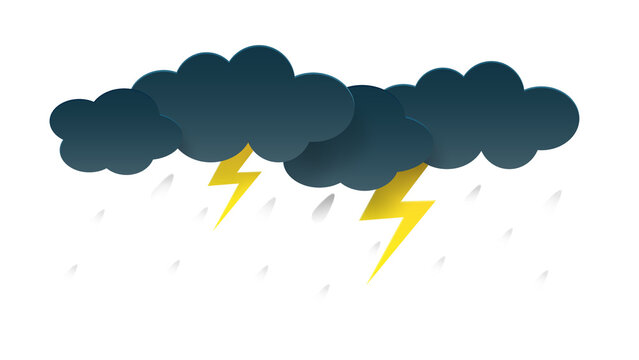 Paper cut style dark storm clouds with rain and lightning bolts