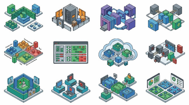Isometric illustrations of abstract digital systems, data centers, and cloud computing concepts.