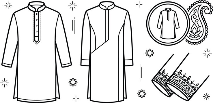 Indian Men Kurta Pajama Icon Set for Traditional South Asian Fashion Vector Designs