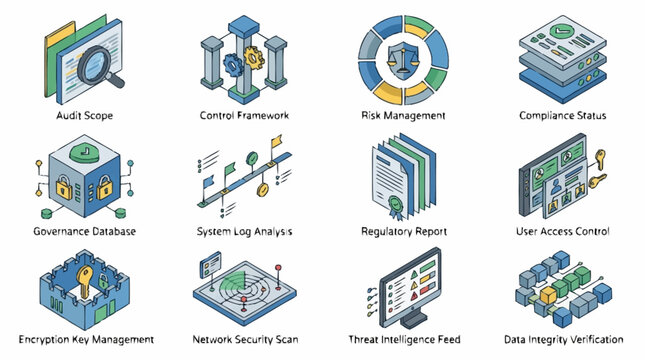 Set of isometric icons representing cybersecurity concepts and business processes.