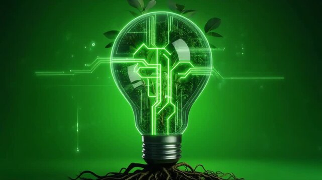 Lightbulb with glowing green digital circuit and growing plant leaves animation video footage representing sustainable clean energy technology concept