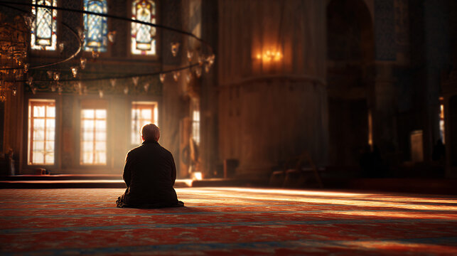 Man praying alone inside a grand mosque with sunlight streaming through windows