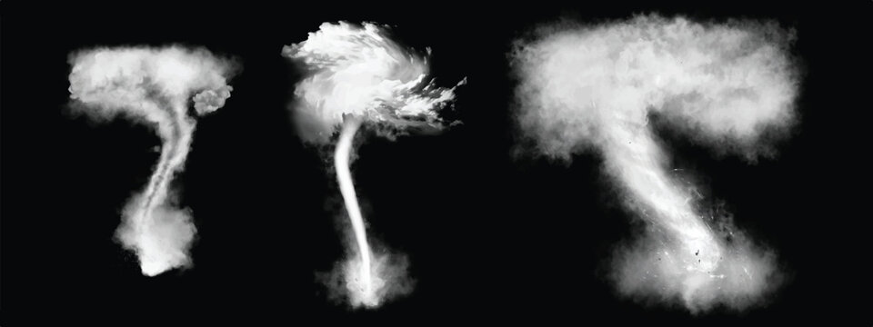 Flowing smoke. Set of tornado isolated on black background	