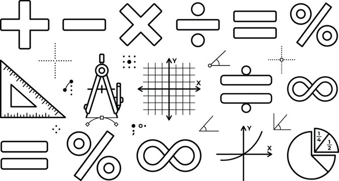 Mathematics and Geometry Education Icon Set with Calculus Algebra Tools Vector Line Designs