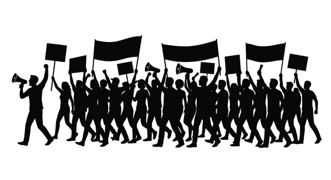 A powerful solid black silhouette of a crowd marching in a protest .eps