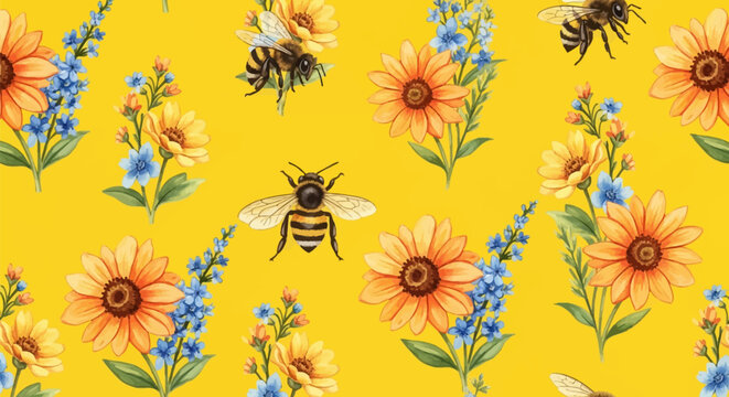 Seamless pattern with hand-drawn honey bees and various flowers including yellow sunflowers and blue wild blossoms on a bright yellow background, botanical watercolor illustration.