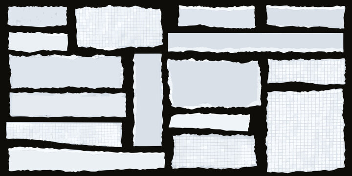 Torn paper pieces with grid and rough edges white background