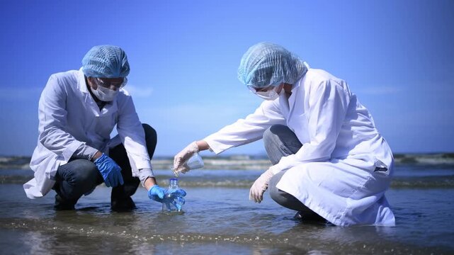Scientist annalist wearing protective uniform, mask ,glove and under working water analysis effected from phytoplankton at sea analyst case in laboratory is environment pollution problem concept.