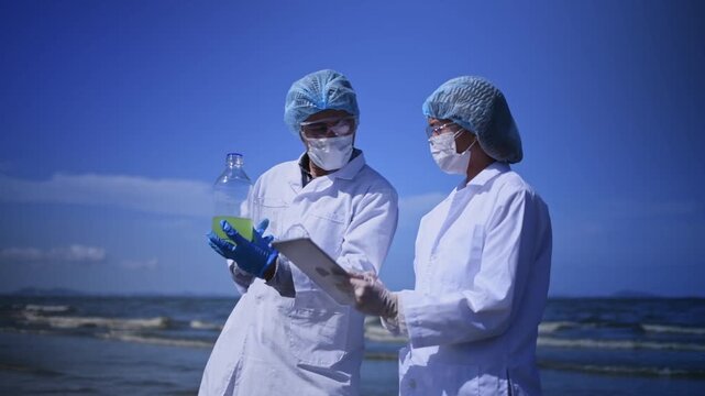 Scientist annalist wearing protective uniform, mask ,glove and under working water analysis effected from phytoplankton at sea analyst case in laboratory is environment pollution problem concept.