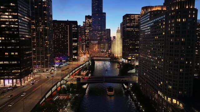 Aerial night view of downtown skyline of Chicago loop area