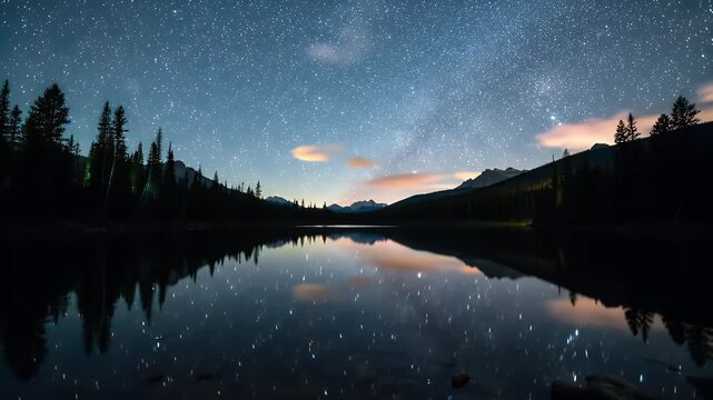 Serene night lake mirrors a sky ablaze with countless stars and distant mountains