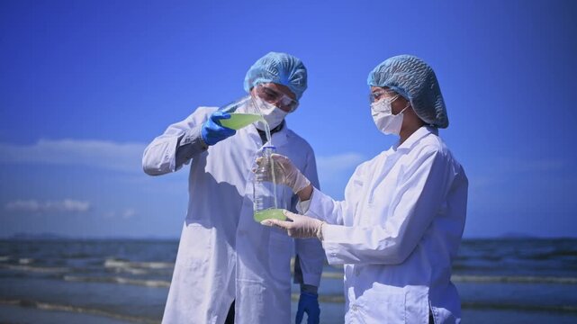 Scientist annalist wearing protective uniform, mask ,glove and under working water analysis effected from phytoplankton at sea analyst case in laboratory is environment pollution problem concept.