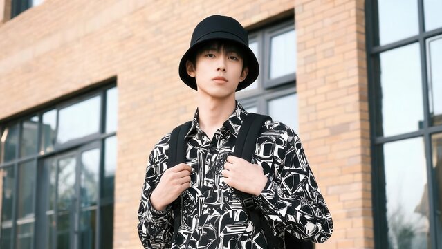 Young man in patterned shirt and hat