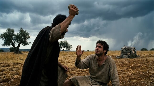 Primeval sibling aggression: Cain brother, Abel victim, Bible narrative, early religion, human violence, divine judgment, primal conflict.