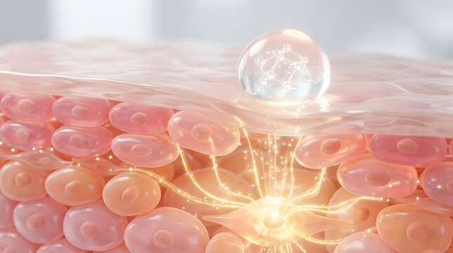 3d illustration of a skincare serum drop penetrating the skin layers to reach a fibroblast cell for rejuvenation