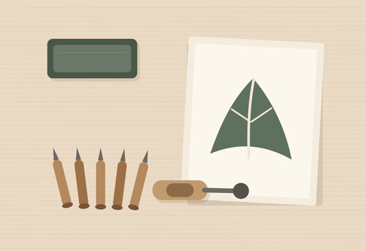 Linocut Printmaking Tools and Leaf Art Flat Lay