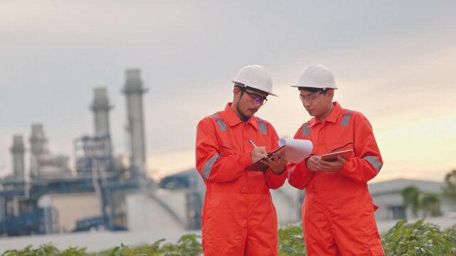 Asian male engineers discussing facility maintenance project during a beautiful sunset evening. Reliable infrastructure requires continuous monitoring and careful evaluation.