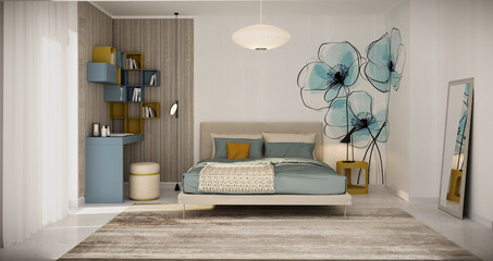 Modern bedroom interior design with double bed, contemporary teal floral wall mural, blue study desk vanity, and elegant decor, 3D architecture render. © chiara