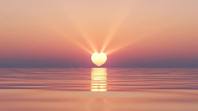 A glowing heart shaped sun rises over a calm ocean during a peaceful golden hour sunset