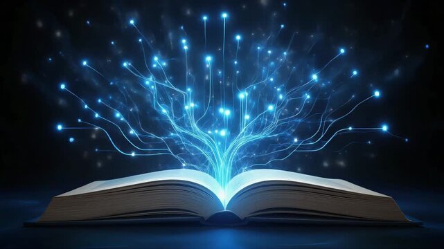Open book digital tree animation showing glowing fiber optic connections for innovative data science concepts and futuristic communication video footage