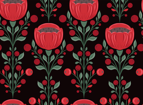 Vector seamless folk art Slavic pattern with poppies. Decorative flat texture with red flowers on dark background.