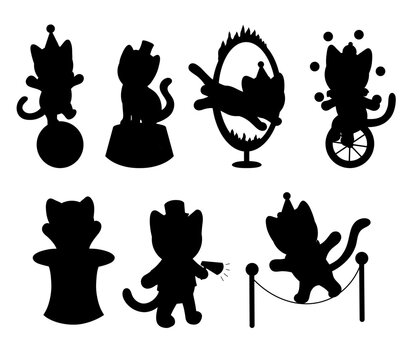 Vector collection of black silhouette of circus cats. Set of prints of pets, performing acrobats and wizards