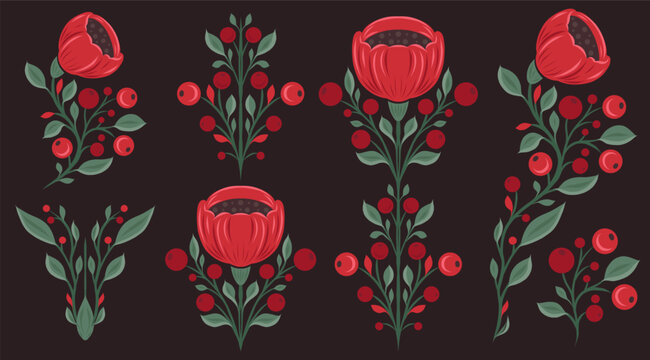Vector set of Slavic floral clip arts on dark background. Folk art blooming wildflowers. Collection of decorative flat red poppies