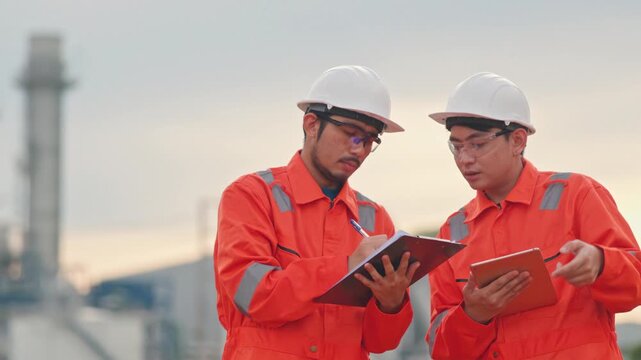 Asian male engineers discussing facility maintenance project outside the modern power station. Expert communication solves complex engineering problems rapidly. Top performance.