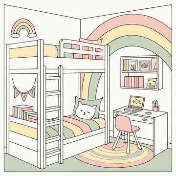 Cozy kid bedroom with bunk bed and rainbow decor interior illustration bookshelf furniture