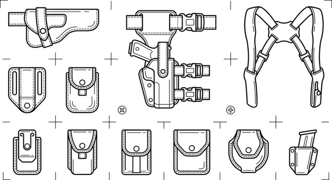 Tactical Gun Holster Utility Pouch Icon Set with Shoulder Harness and Magazine Symbols