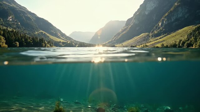 Split view of serene alpine lake with sunbeams piercing clear turquoise water below