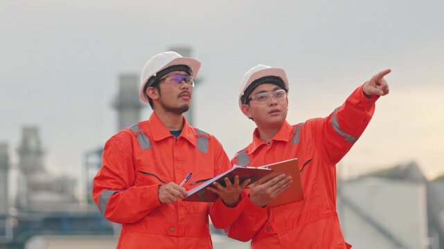 Asian male engineers discussing facility maintenance project outside the modern power station. Reliable infrastructure requires continuous monitoring and careful evaluation.
