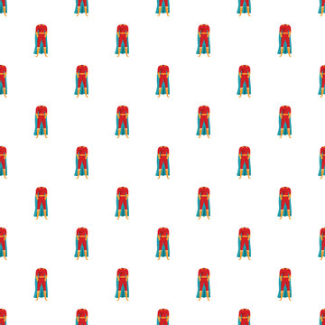 Superhero red suit costume with a blue cape repeating on white background