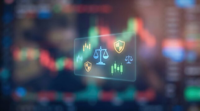 Financial Risk Management and Compliance Concept: Floating Glowing Holographic System with Balanced Scales, Protective Shields, and Candlestick Charts over Blurred Market Indicators