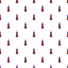 Naklejka premium Cartoon prince standing in regal purple suit and red cape creating a repeating pattern