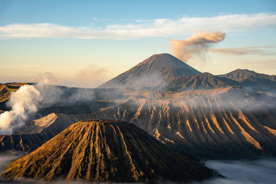 Panoramic morning view of Mount Bromo volcano at sunrise, East Java Indonesia