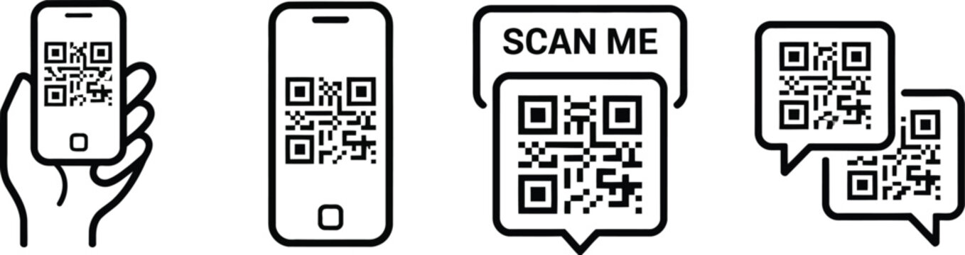 QR code scan, mobile phone scanning QR code icon representing contactless payment and digital transaction system.