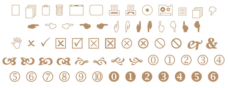 Vintage Dingbat Symbol Set &mdash; Antique Ornamental Icons, Hand Gestures, Checkboxes and Circled Numbers on Black Background