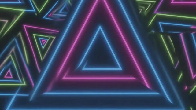 Vibrant neon triangle pattern with glowing blue pink and green geometric lines
