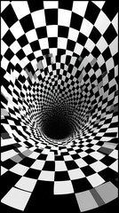 Naklejka premium Abstract black and white checkered tunnel optical illusion