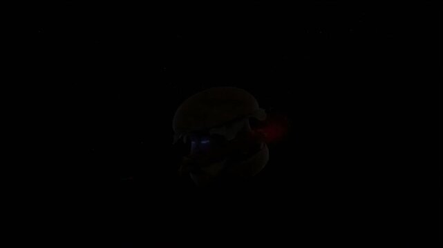 Burger monster character animation with glowing eyes and red light rings floating in dark space digital motion video footage