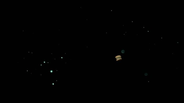 Hamburger character animation featuring a bored expression floating inside glowing green magical energy particles in this creative motion video clip