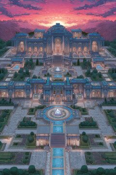 Ornate majestic palace with grand gardens and fountains at sunset