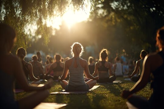 Peaceful group yoga session in a sunny park at sunset
