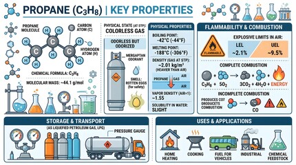Obraz premium Propane (C₃H₈) key properties infographic summarizing molecular structure, cylinder storage, physical data, explosive limits, combustion behavior, flammability, odorization, transport systems, and com