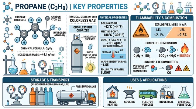 Propane (C₃H₈) key properties infographic summarizing molecular structure, cylinder storage, physical data, explosive limits, combustion behavior, flammability, odorization, transport systems, and com