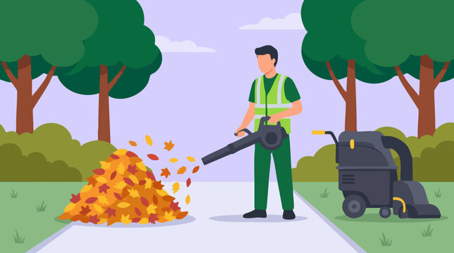 Man using leaf blower to clear autumn leaves from path, flat illustration