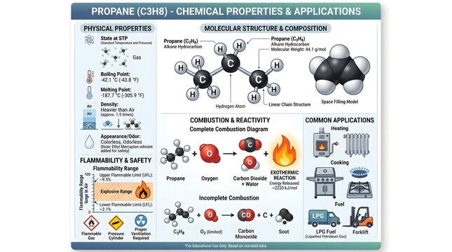 Propane (C₃H₈) chemical properties and applications infographic covering molecular and structural models, physical data, combustion and reactivity diagrams, flammability and safety information, and co