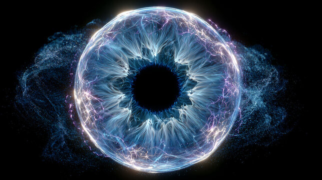 futuristic glowing digital eye with blue particle trails artificial intelligence biometric scanning cyber security identity verification concept