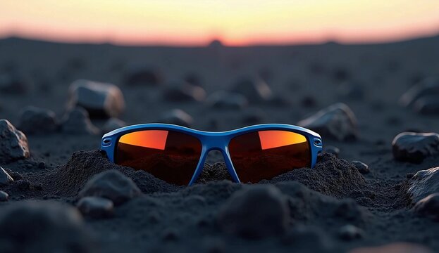 Blue Sports Sunglasses on Black Volcanic Sand at Sunset